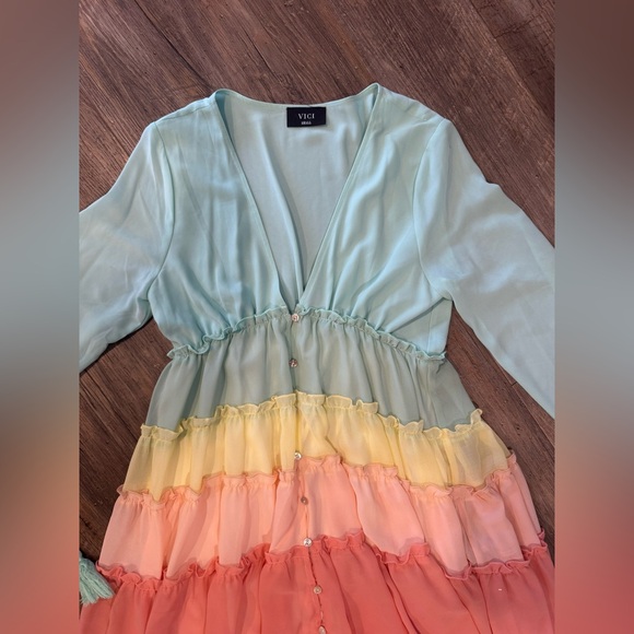 Vici Wavelength Rainbow Dress Tiered Ruffle Pastel Hi Lo Maxi Beach Dress Sz S - Picture 4 of 9